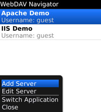 WebDAV Nav for Blackberry, server menu